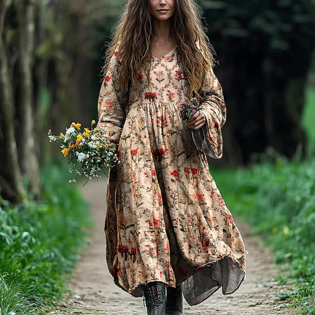 Vintage Boho Floral Art Linen Blend Maxi Dress artswardrobe