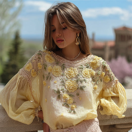 Comstylish Boho Cottagecore Yellow Floral Embroidered Flowy Linen Tunic