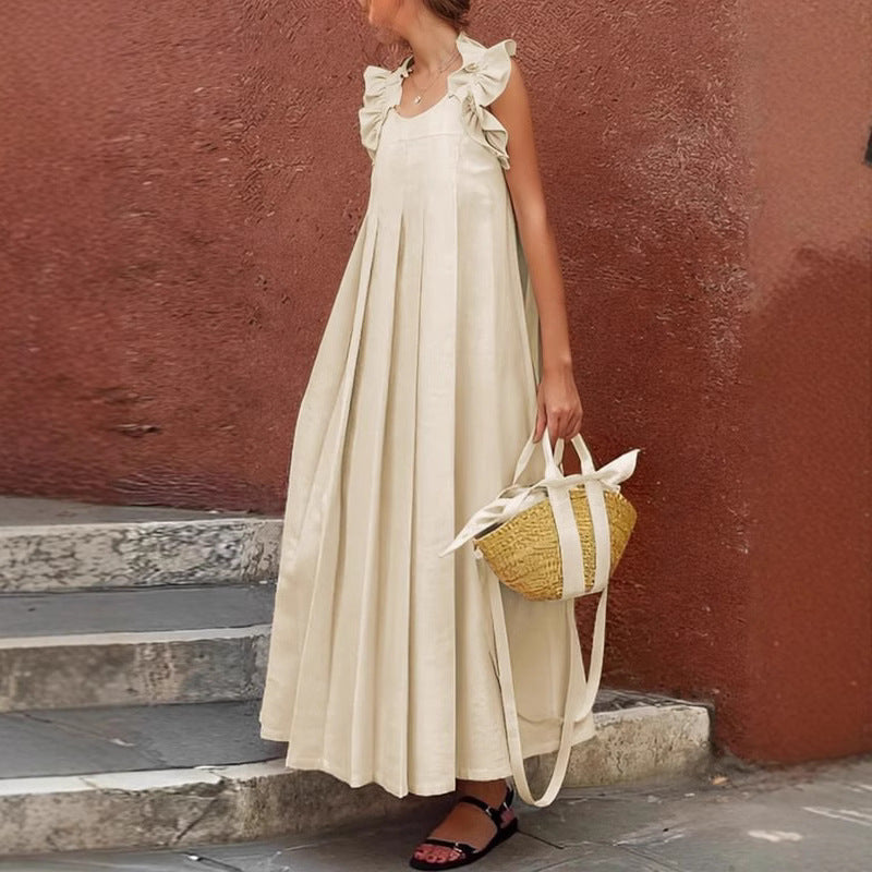 Women's Simple Ruffled Solid Cotton And Linen Sleeveless Loose Long Dress artswardrobe