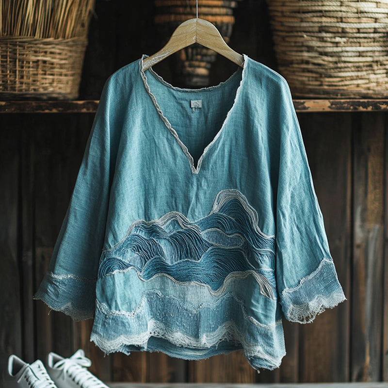 Comstylish Vintage Waves Embroidery Japanese Art Linen Blend Cozy Tunic