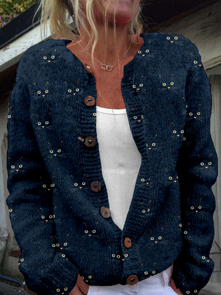 Comstylish Cute Cat Face Pattern Cozy Knit Cardigan