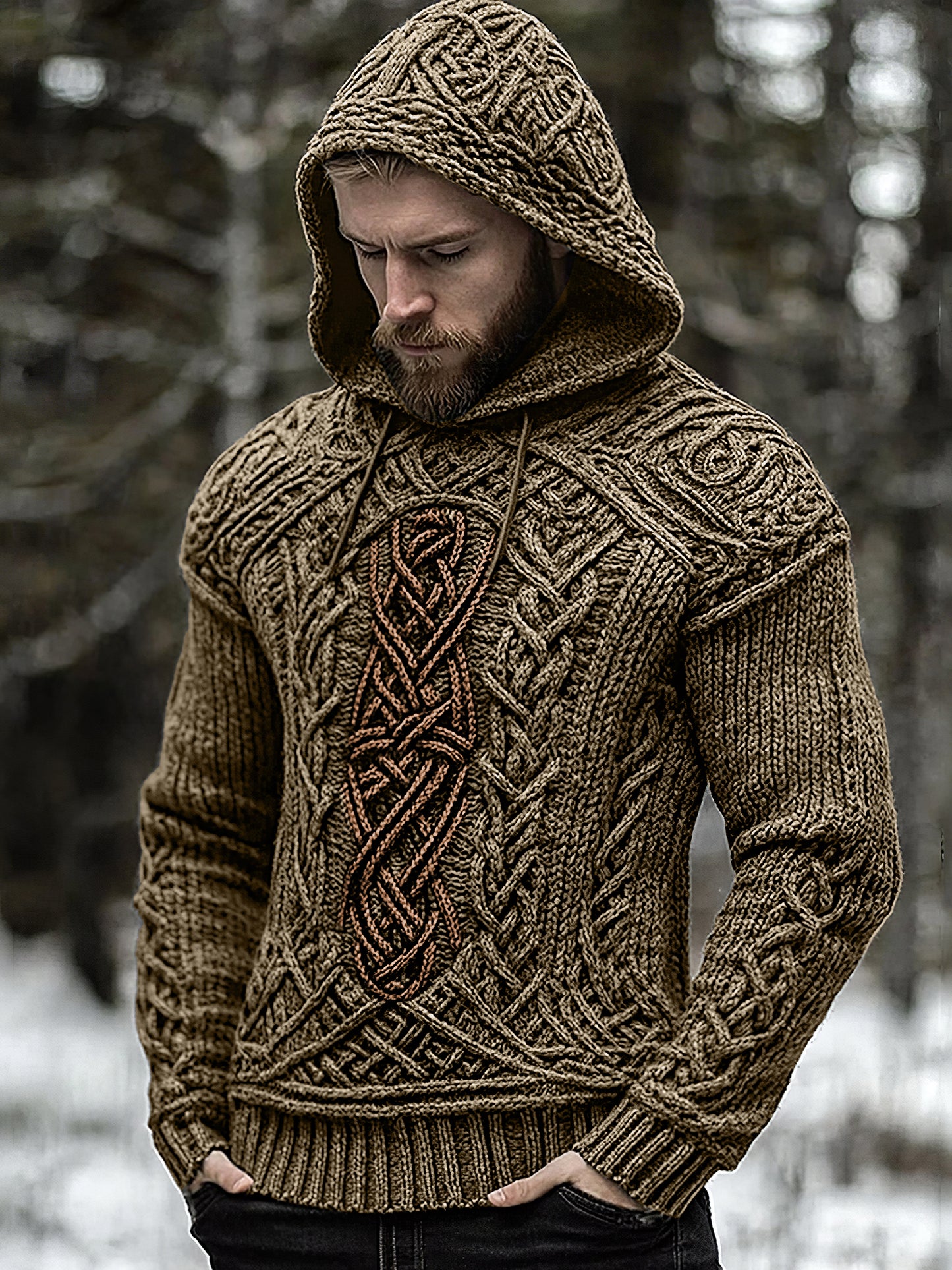Men's Viking Jacquard Celtic Inspired Cozy Knit Hooded Sweater artswardrobe