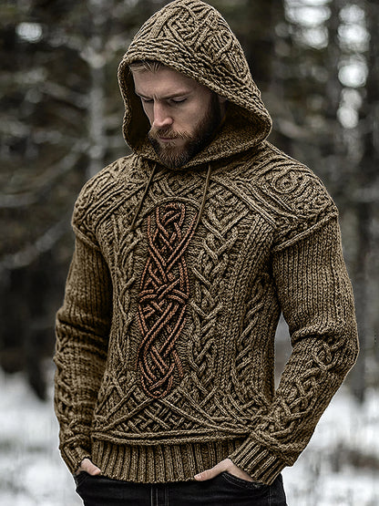 Men's Viking Jacquard Celtic Inspired Cozy Knit Hooded Sweater artswardrobe