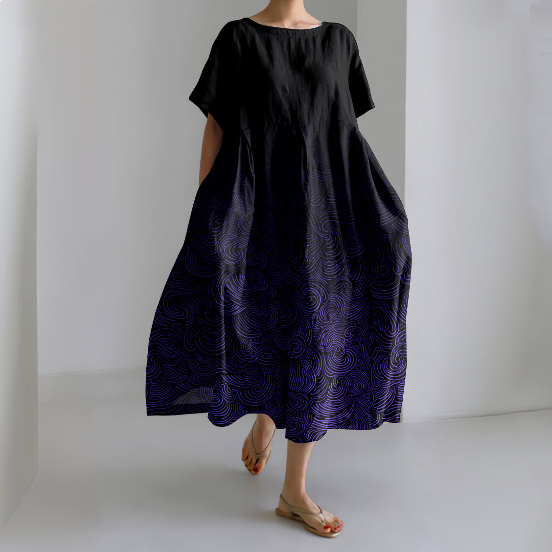 Comstylish Vintage Waves Print Short Sleeve Linen Blend Maxi Dress