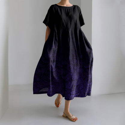 Comstylish Vintage Waves Print Short Sleeve Linen Blend Maxi Dress