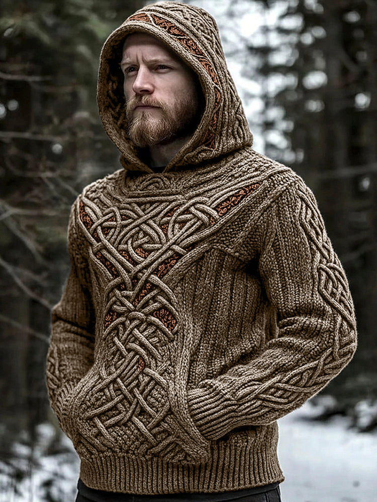 Men's Viking Jacquard Celtic Style Cozy Knit Hooded Sweater elevenforest