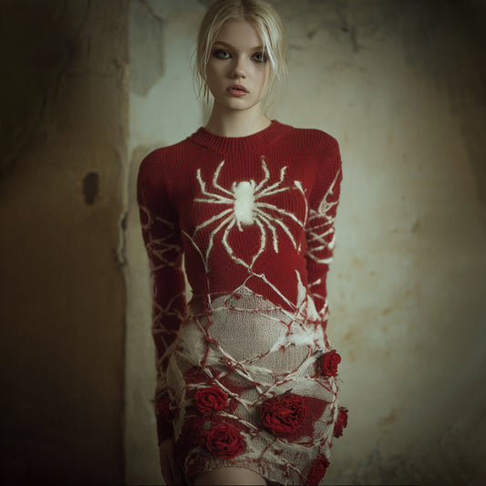 Comstylish Women Halloween Spider And Flower Color Blocked Ancient Knitted Dress