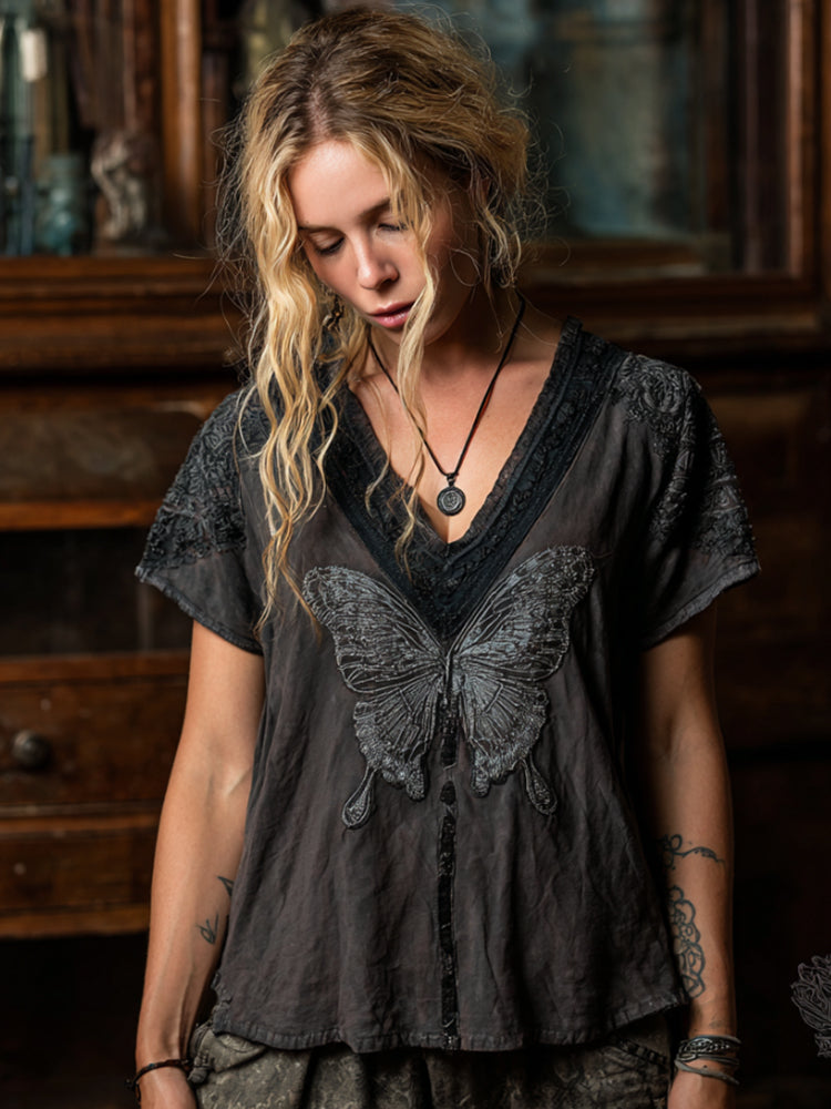 Viking Dark Style Thorn Butterfly Embroidery Vintage V-neck Short-sleeve Top artswardrobe
