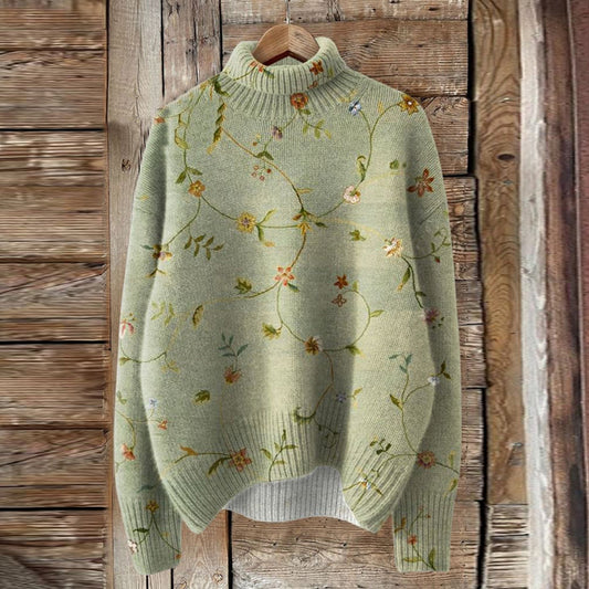 Vintage Lovely Floral Art Print Knit Turtleneck Pullover Sweater artswardrobe