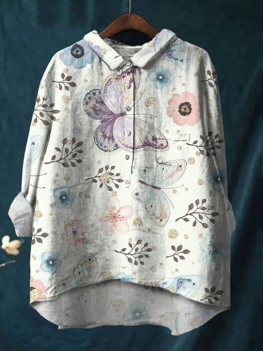 Elegant Ink Painting Of Butterflies And Flowers Printed Cotton And Linen Shirt
