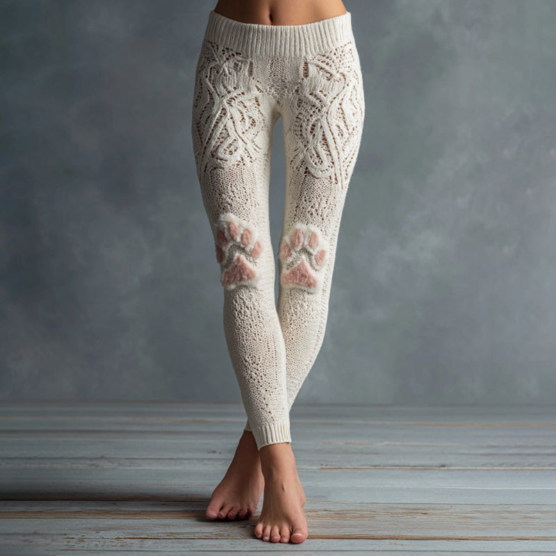 Comstylish Women's Cute Cat Cat Paw Embroidered Cozy Casual Leggings