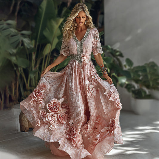 Women's Vacation Rose Floral Print Short Sleeve Dress elevenforest