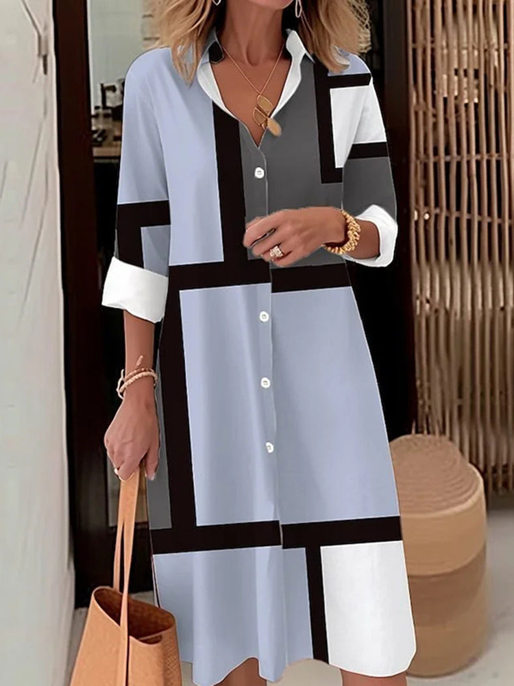 Casual Geometric Square Long-Sleeved Casual Loose Dress
