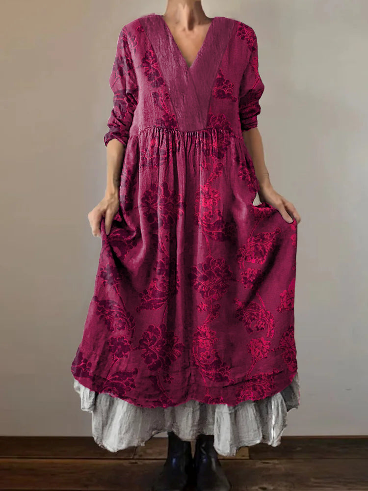 Women's Ethnic Floral Art Pattern Print V-Neck Pocket Cotton Dress