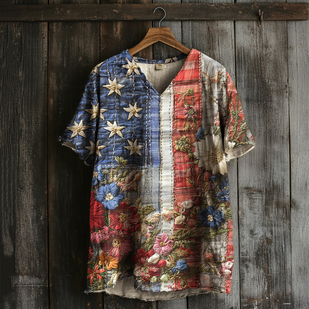Men's Independence Day Flag Floral Cotton And Linen T-shirt artswardrobe