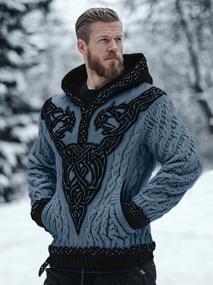 Men's Viking Celtic Contrast Cozy Chunky Hooded Sweater elevenforest