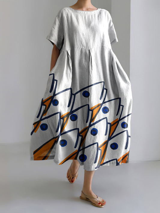 Vintage Fish Art Casual Crew Neck Midi Dress