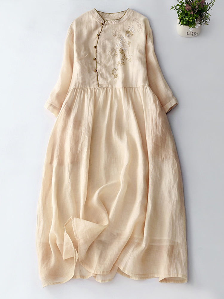 Vintage Japanese Art Embroidery Button Cotton Linen Maxi Dress