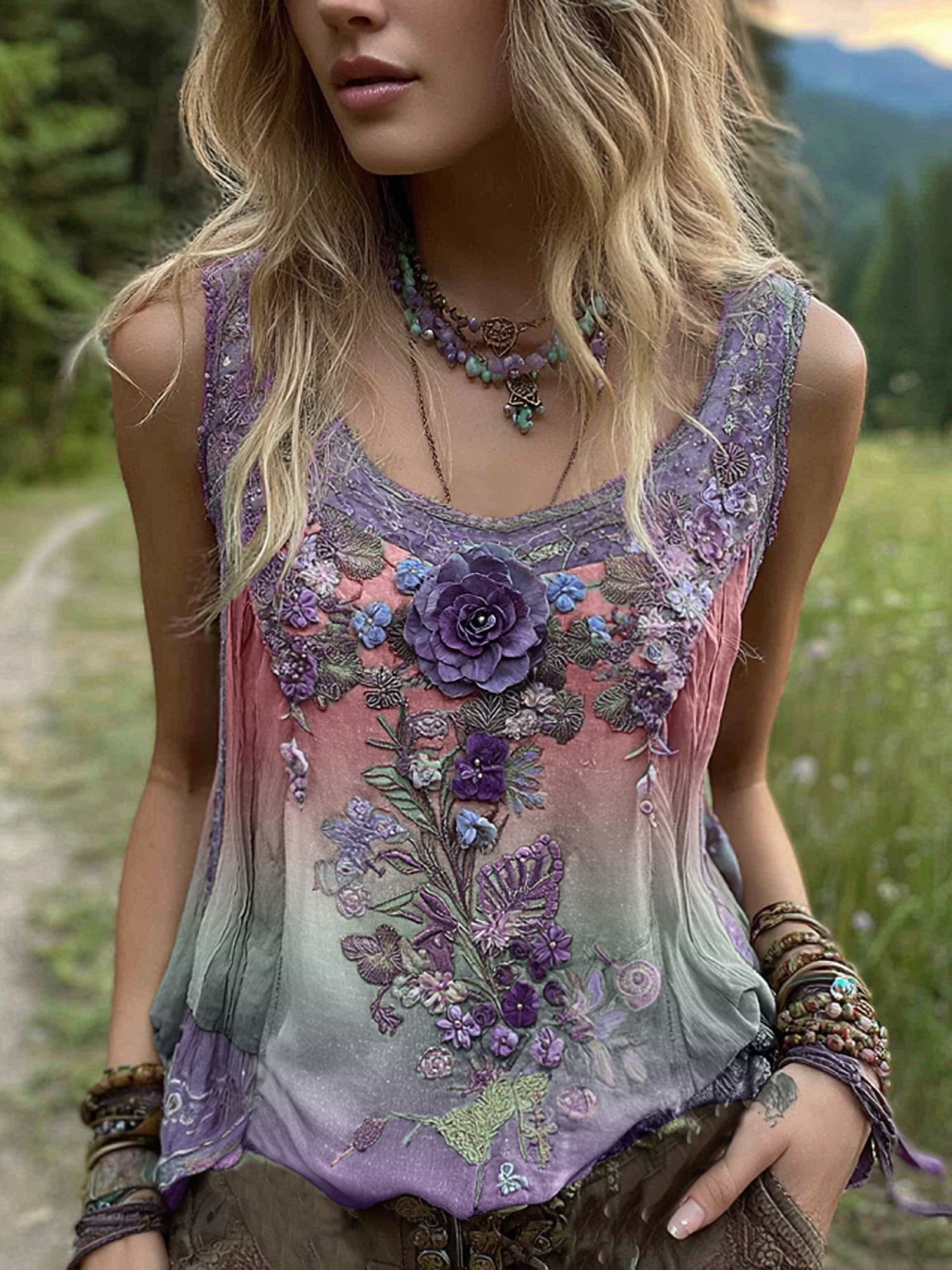 Vintage Classy Gradient Purple Lavender And Floral Embroidered Pattern Linen Tank Top artswardrobe