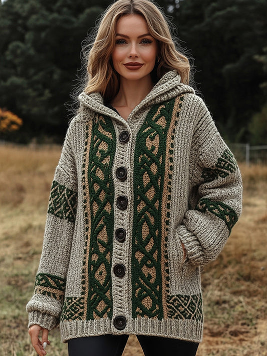 Women's Irish Celtic Jacquard Hooded Button Up Cardigan Sweater artswardrobe