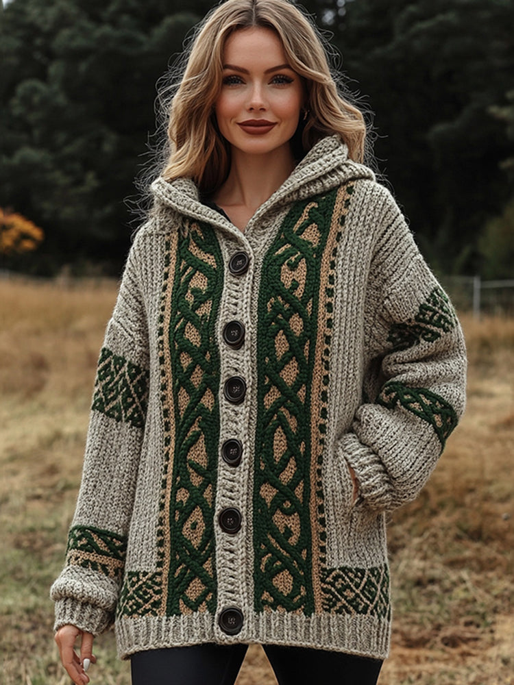 Women's Irish Celtic Jacquard Hooded Button Up Cardigan Sweater elevenforest