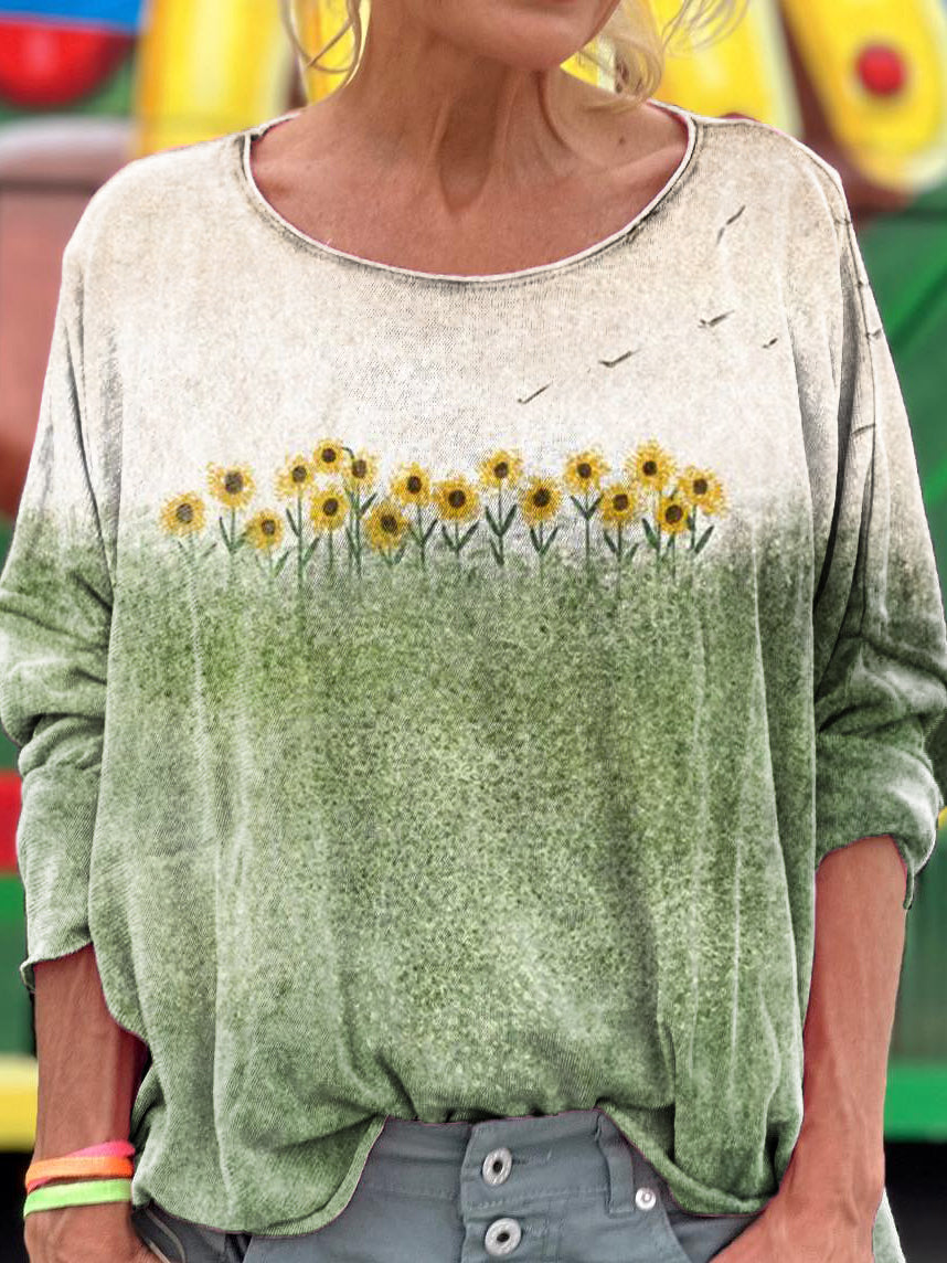 Women's Vintage Sunfloral Art Print Casual Long Sleeve T-shirt