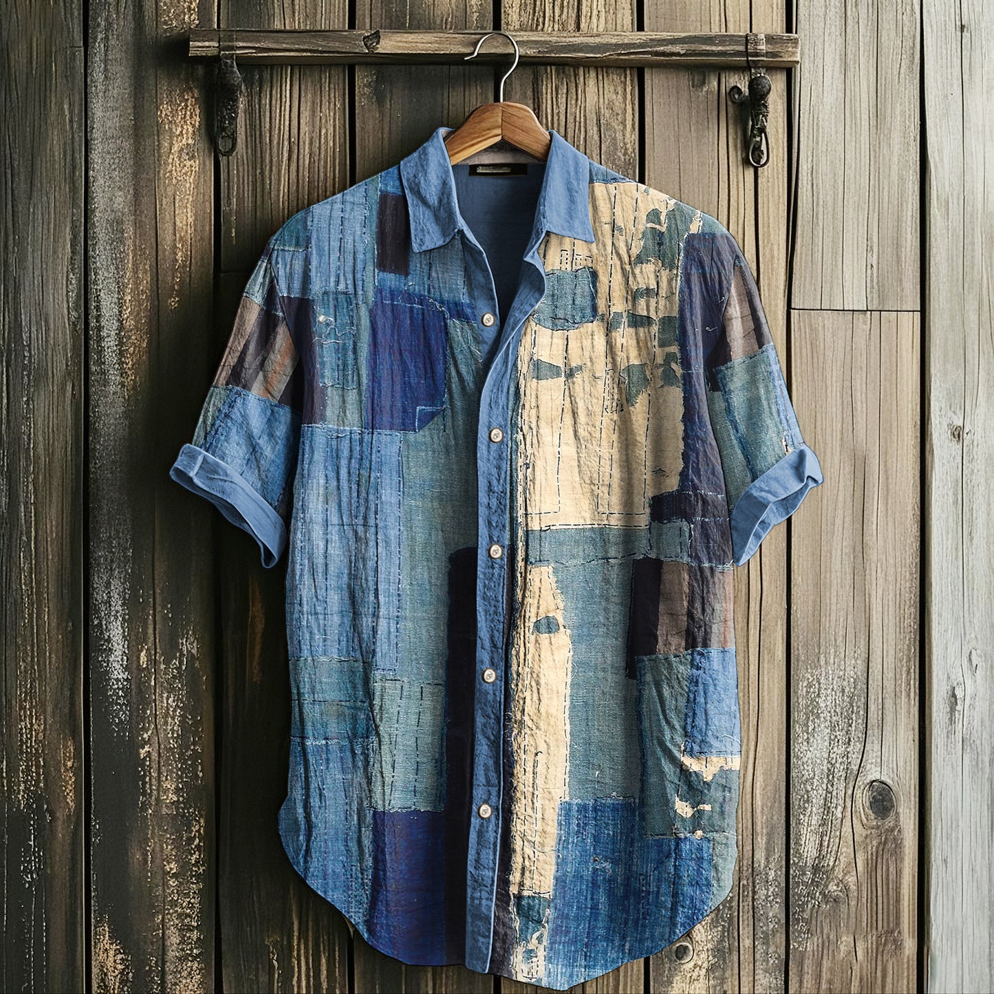 Men's Vintage Patchwork Art Linen Casual Shirt artswardrobe