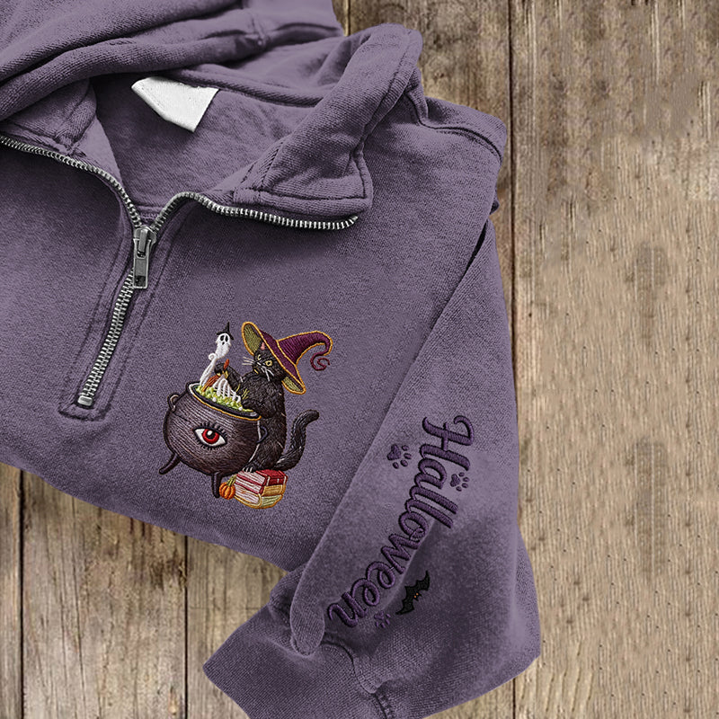 Women's Halloween Cat Embroidered Zip Long Sleeve Sweatshirt elevenforest