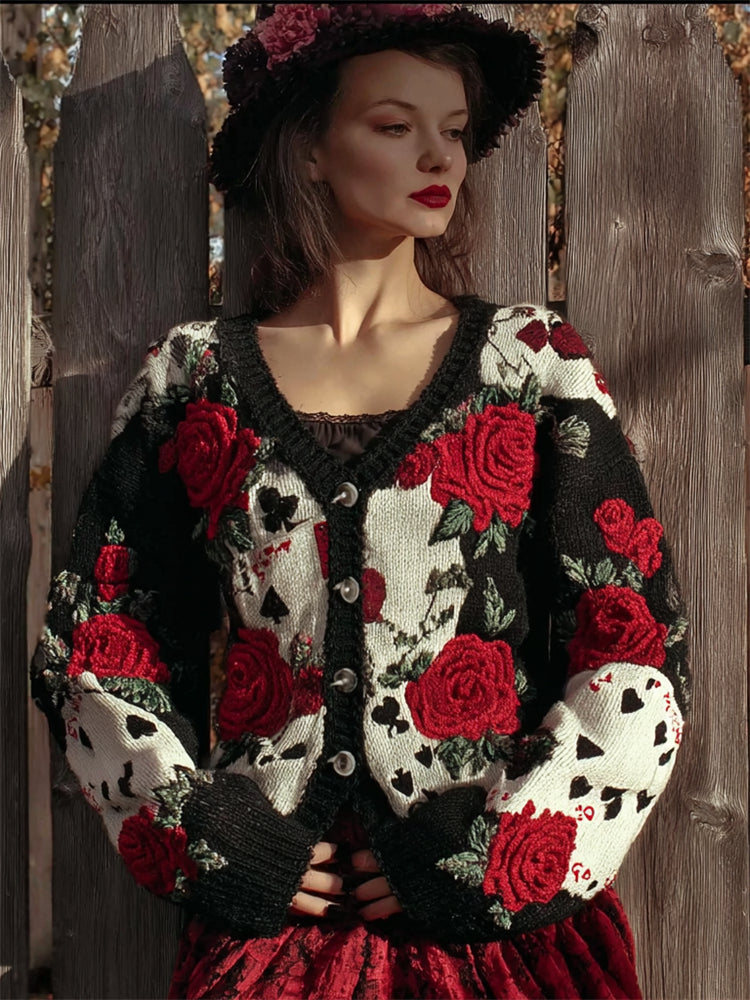Comstylish 80s Retro Poker Inspired Red Roses Colorblock Cozy Knit Cardigan