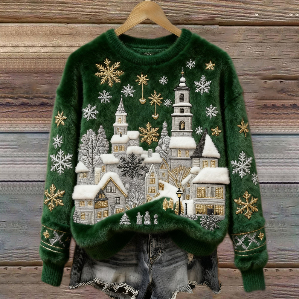 Christmas Snow Scene Embroidery Women's Cozy Plush Sweater artswardrobe