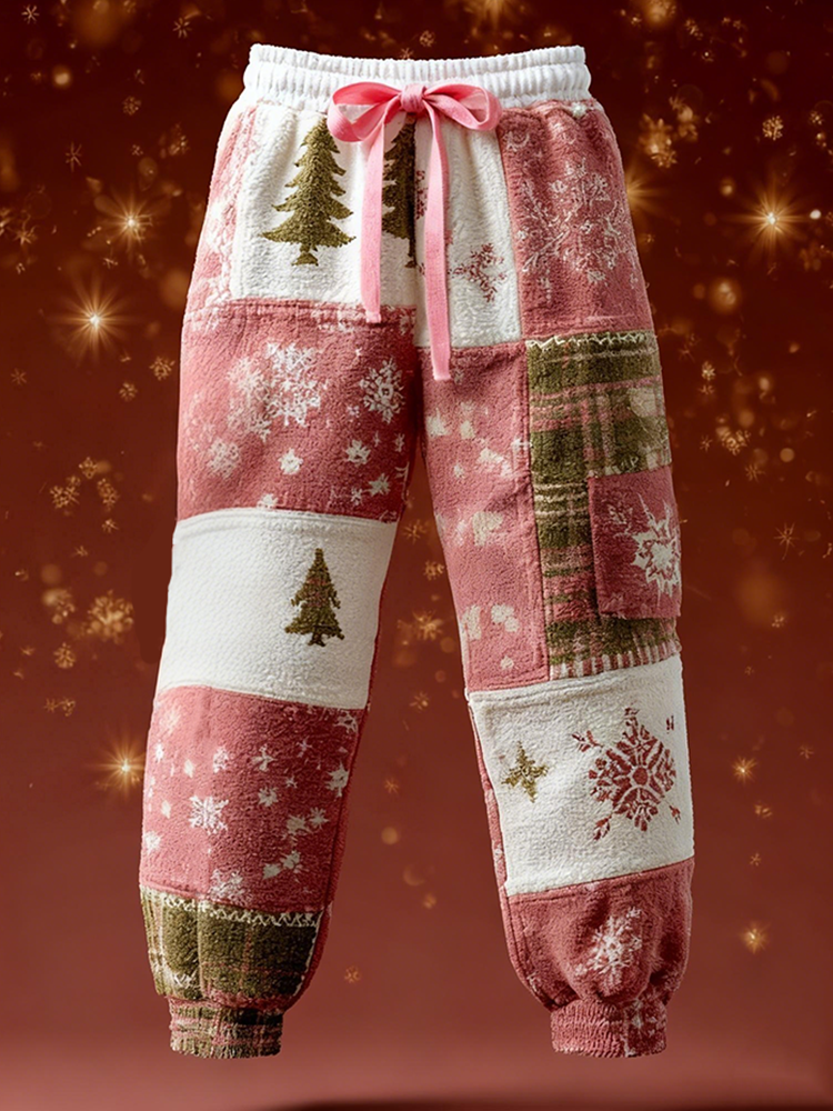 Comstylish Women's Retro Christmas Elements Patchwork Winter Warm Flannel Sweatpants