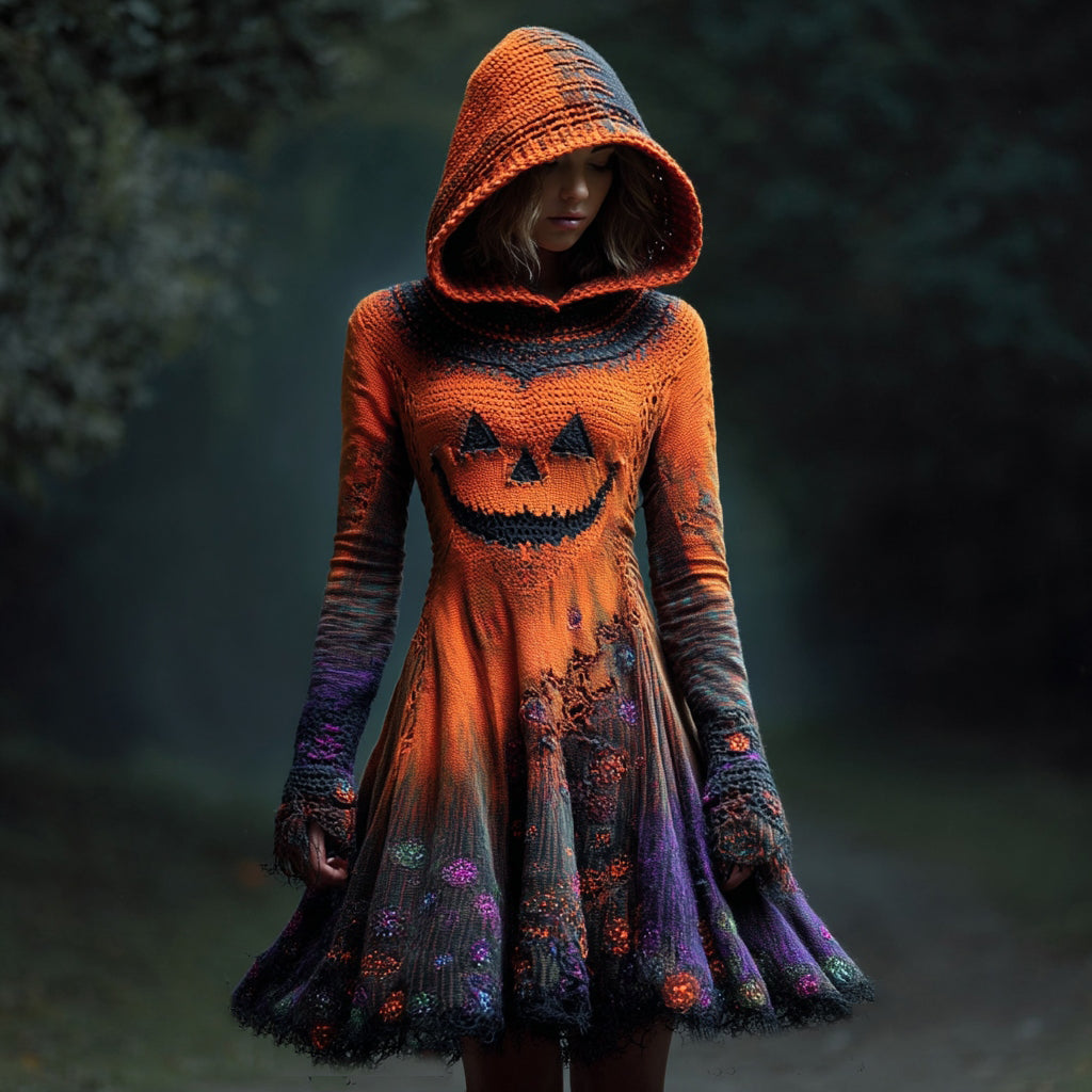Women's Pumpkin Ghost Face Floral Hooded Knit Dress artswardrobe