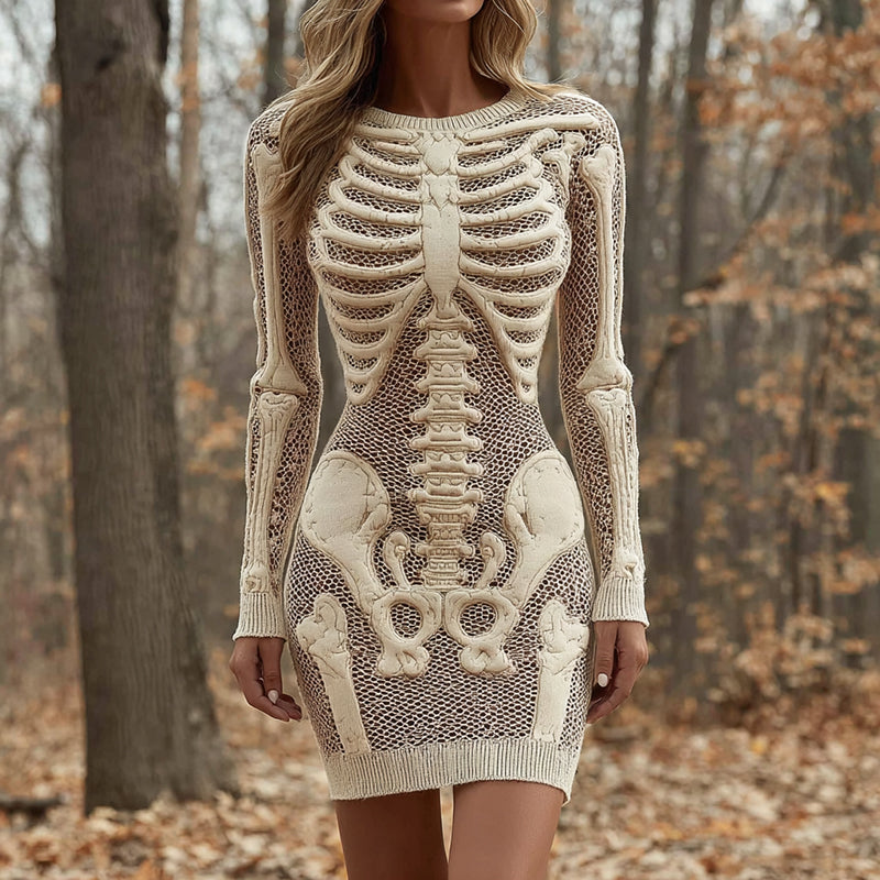 Comstylish Women's Vintage Halloween Skeleton Bones Comfortable Elegant Sweater Dress