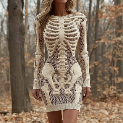 Comstylish Women's Vintage Halloween Skeleton Bones Comfortable Elegant Sweater Dress