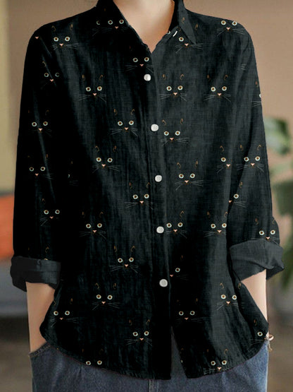 Comstylish Cute Cat Face Pattern Linen Blend Cozy Blouse