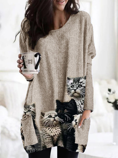 Fuzzy Cats Crochet Art Patch Pocket Cozy Knit Cardigan elevenforest