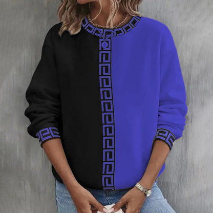 Comstylish Greek Key Pattern Contrast Color Round Neck Casual Sweatshirt