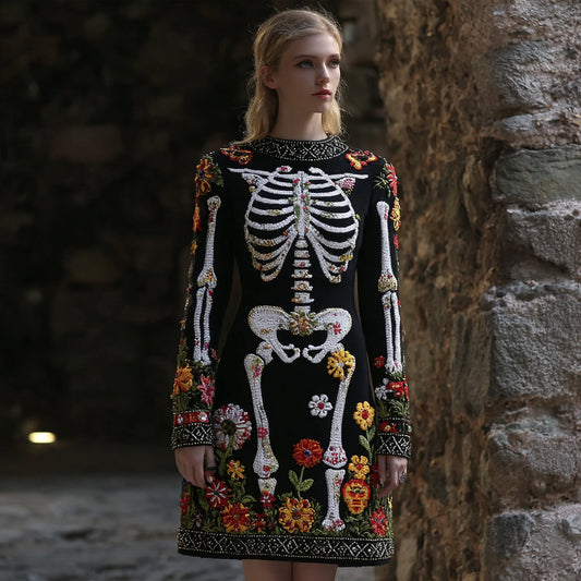 Comstylish Women's Vintage Halloween Skeleton Bones Flower Comfortable Elegant Sweater Dress