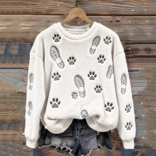 Lovely Paw Prints On Snow Fuzzy Plush Sweatshirt