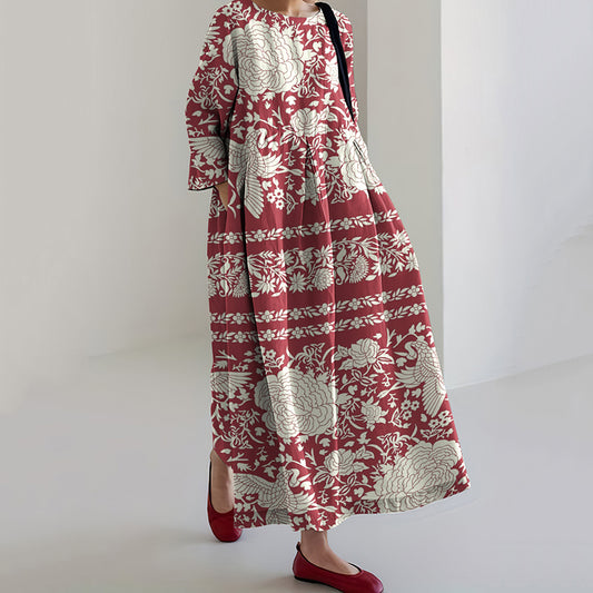 Comstylish Japanese Flower And Bird Art Print Linen Blend Midi Dress