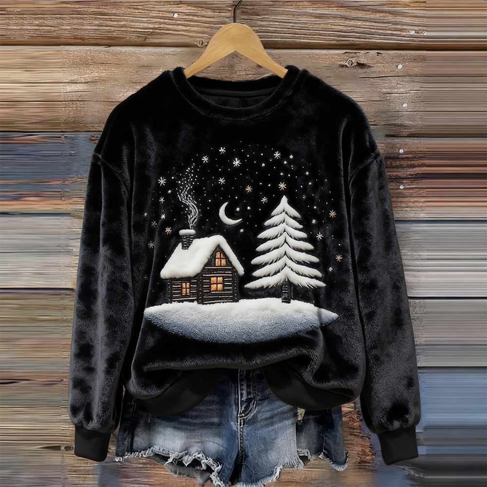 Christmas Snowy Village  Pattern Vintage Plush Sweatshirt