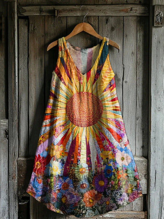 Women's Colorful Sun Collage Art Print V-neck Pocket Cotton Dress