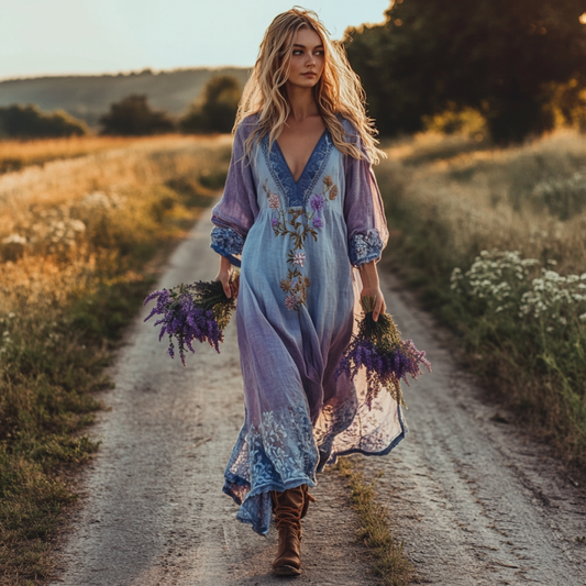 Spring Girl Green Pastoral Style Retro Floral Embroidery Pattern Art Linen V-neck Maxi Dress artswardrobe