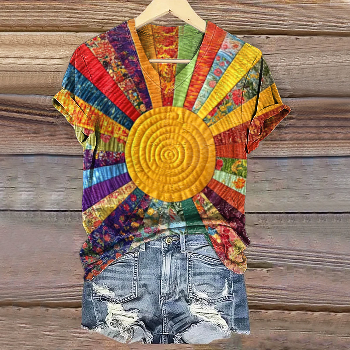 Women's Vintage Floral Art Print V-neck Casual T-Shirt