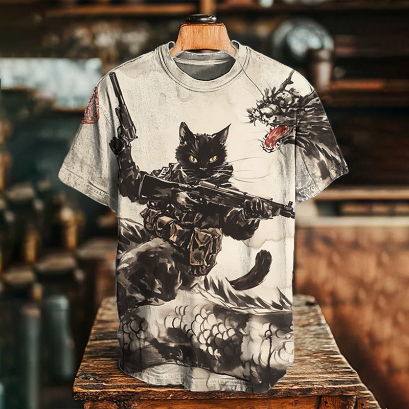 Men's Black Cat Warrior Holding A Gun Riding On A Dragon Print Casual T-shirt elevenforest