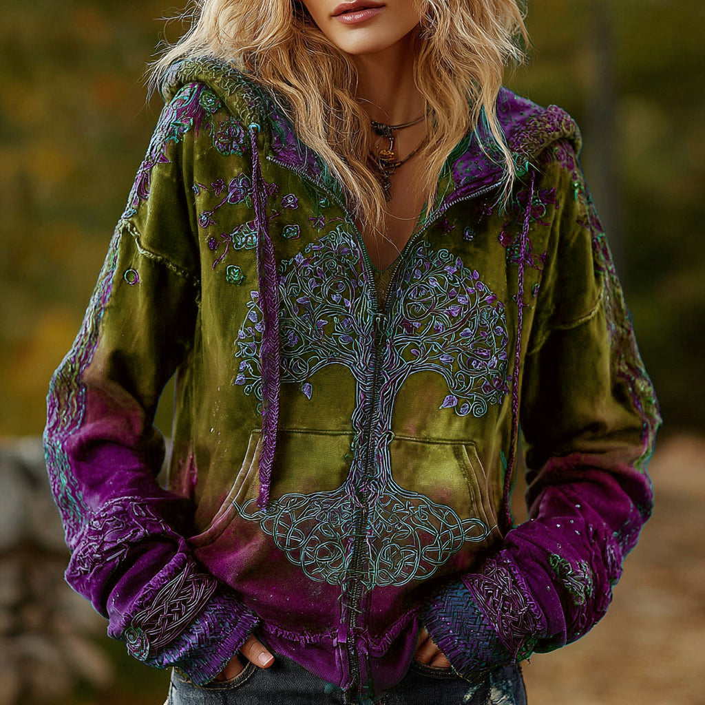Comstylish Women's Vintage Viking Tree Of Life Cozy Warm Zip Hoodie Cardigan