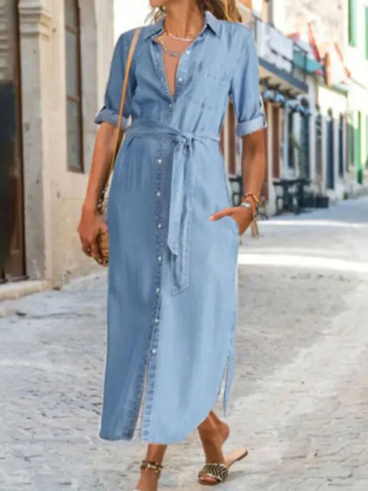 Casual Color Block Lapel Dress
