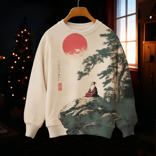 Comstylish Men's Japanese Style Santa Claus Calligraphy Print Cozy Sweatshirt