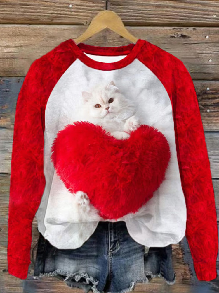 Women's Valentines Day Cute Cat Print Casual Sweatshirt elevenforest