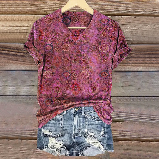 Women's Vintage Ethnic Floral Art Print V-neck Casual T-Shirt